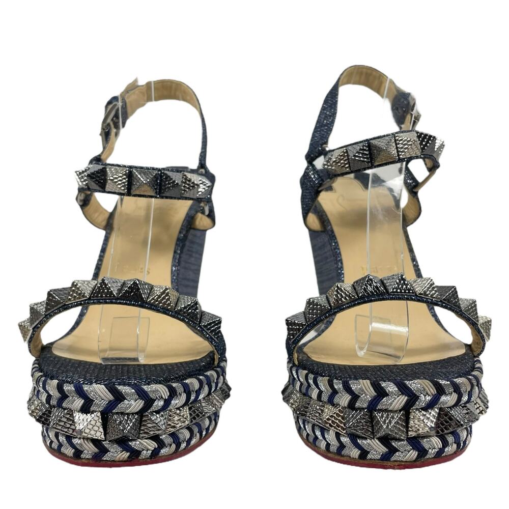 Christian Louboutin Lame Lux Pyraclou 110 Denim Wedge Sandal Blue Size 41 - Picture 5 of 14